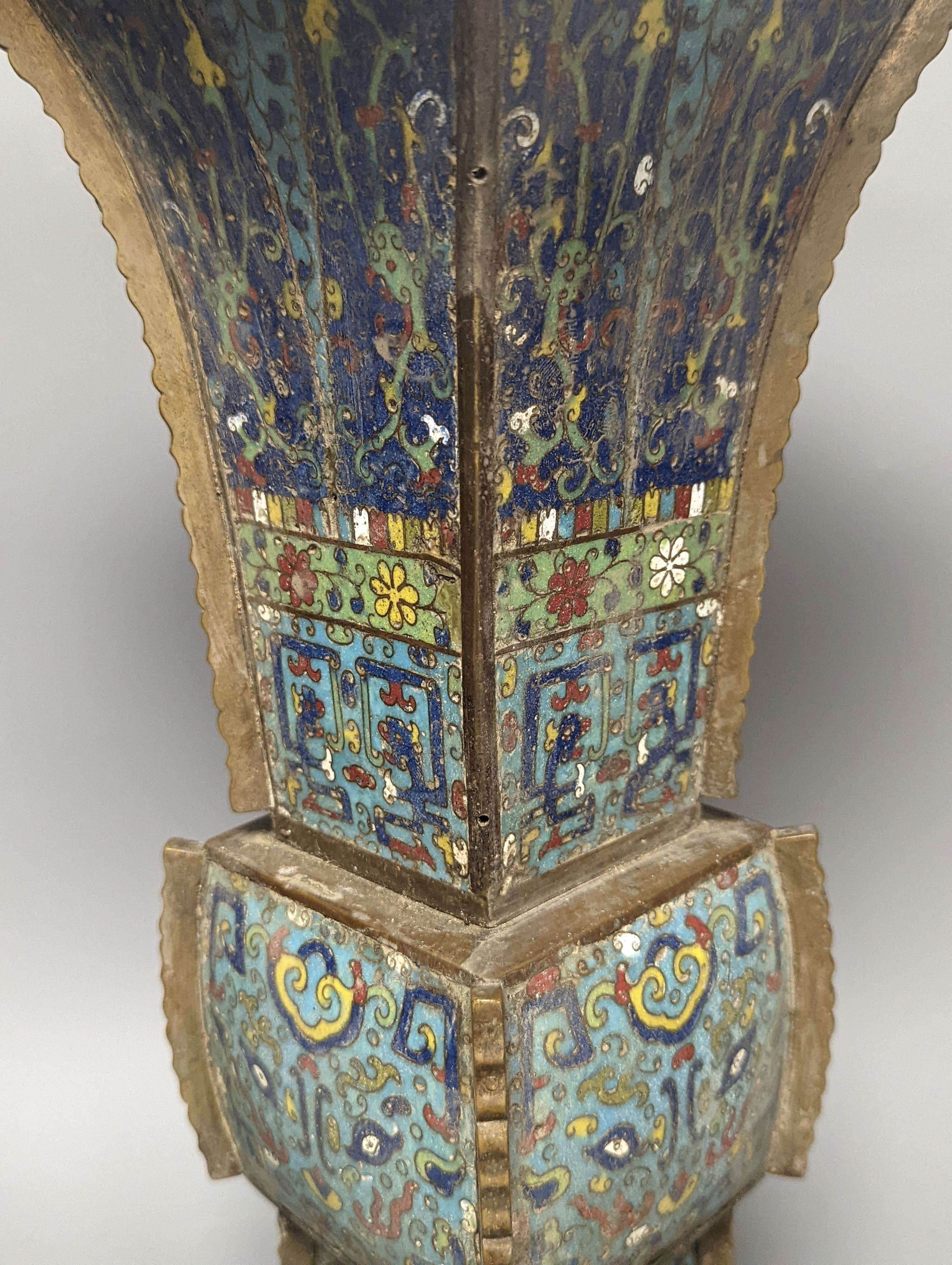 A large Chinese cloisonné enamel and bronze mounted vase, fangzun, late Qing dynasty 42cm